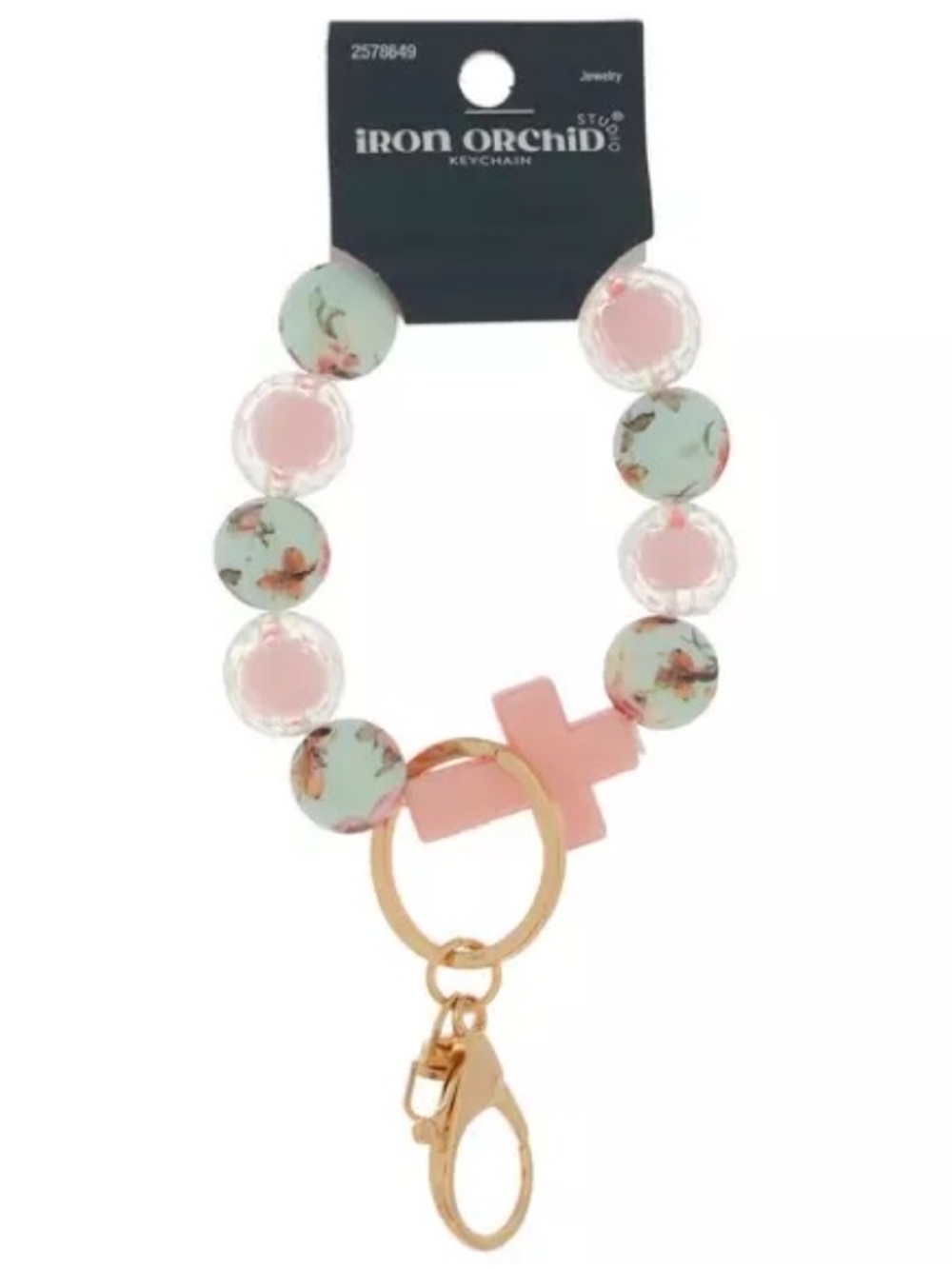 New Iron Orchid Floral Beaded Keychain Bracelet - Pink & Mint Bag Charm